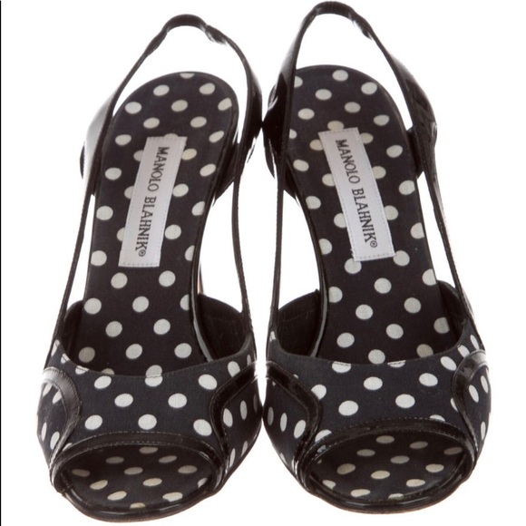 Manolo Blahnik Patent Leather & Fabric Polka Dot Print Slingback Pumps - Picture 2 of 16